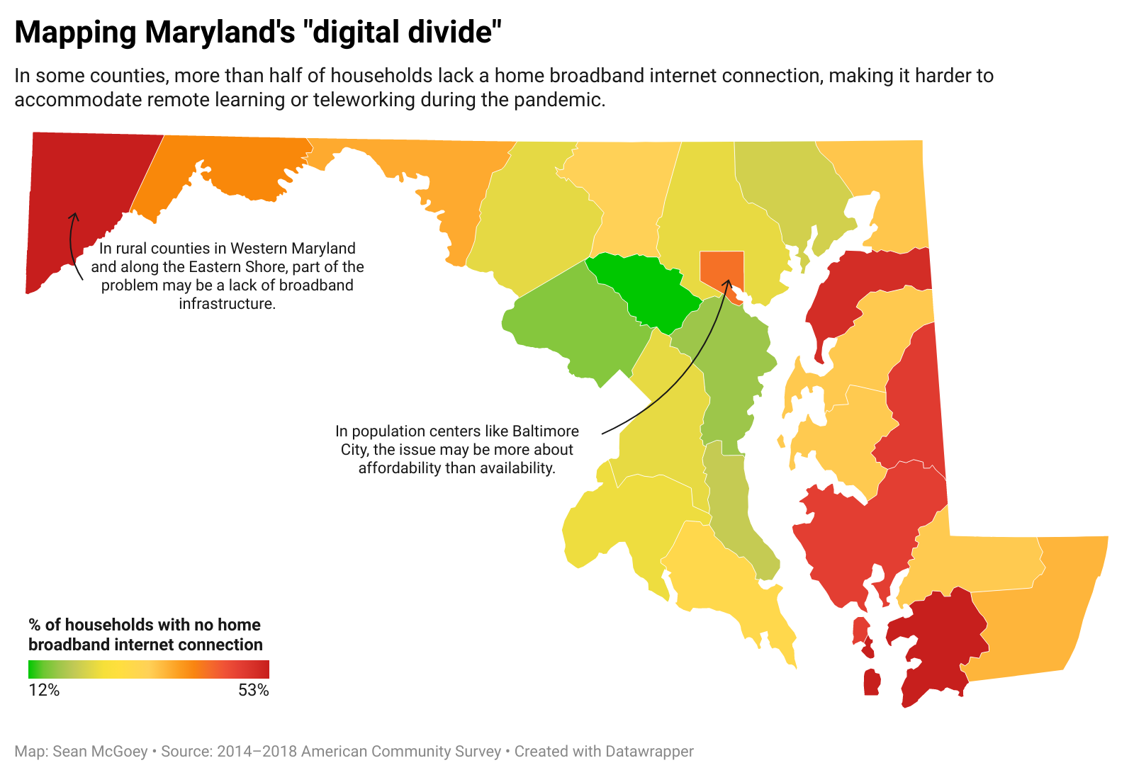 In some Maryland counties, more than half of households lack a home broadband internet connection, making it harder to accommodate remote learning or teleworking during the pandemic.